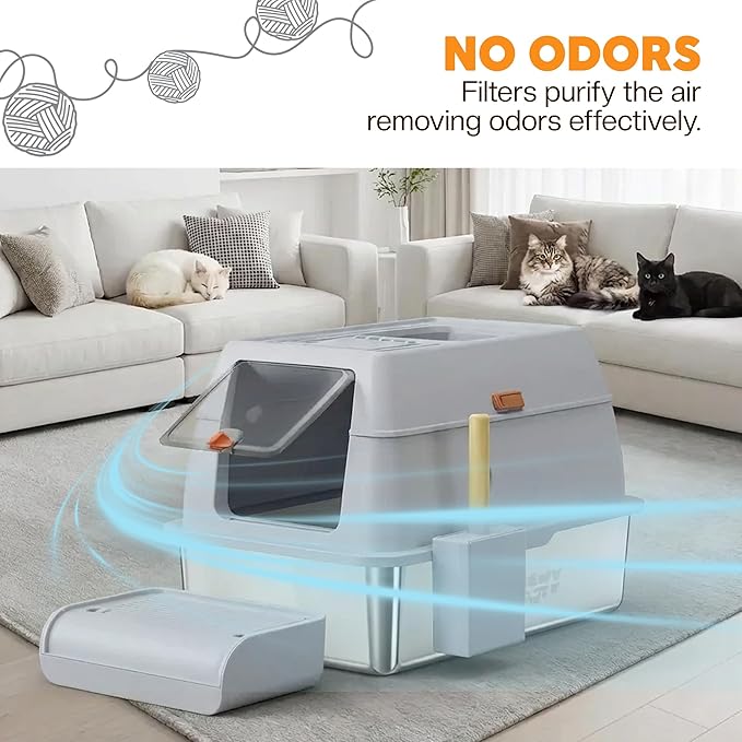 XL Stainless Steel Cat Litter Box with Enclosure and Pooper Scooper - Durable Black Metal Litter Box for Big Cats, High Sides for Anti-Leakage, Never Absorbs Odors, Non-Sticky - (60x40cm) (Gray)