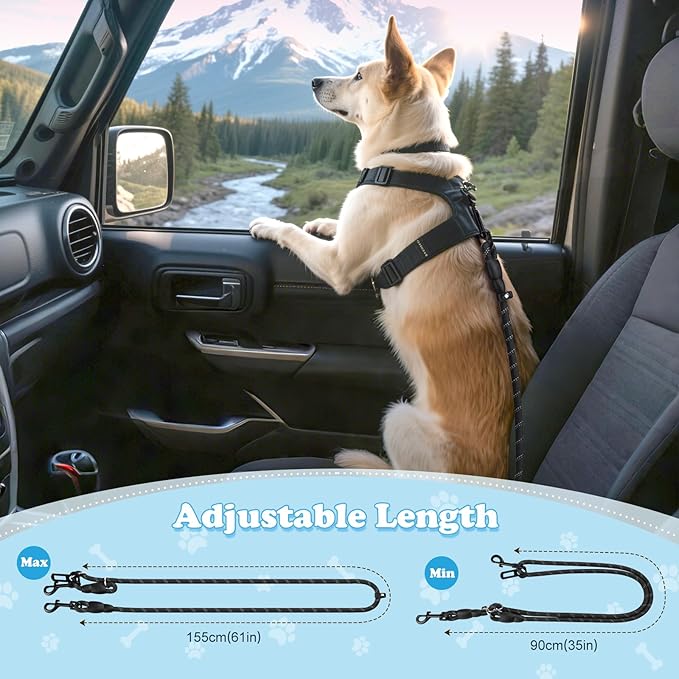 Pawaboo Dog Car Seatbelt, Dog Safety Harness for Car with Metal Clip Buckle, 360° No Tangle Adjustable Vehicle Safety Belt Leash for Pet, Dogs Vehicle Headrest Restraint with Reflective Strips, Black
