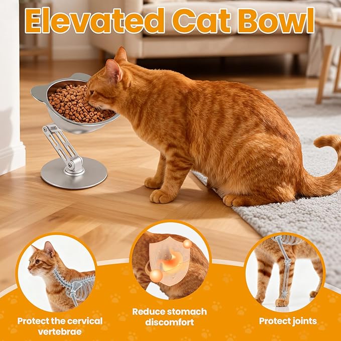 BEAVE NIUNIU Alloy Elevated Cat Bowl - Height & Angle Adjustable Raised Food Water Bowl Stand, 330ml Stainless Steel Dish, 7.9in Max Height Stable Pet Feeder for All Cat Sizes