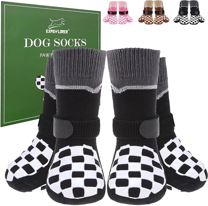 EXPAWLORER Dog Socks to Prevent Licking Paws with Grippers for Hardwood Floors Anti Slip, Reflective Dog Cold Winter Shoes Booties Boots & Paw Protectors with for Small Medium Large Senior Dogs M