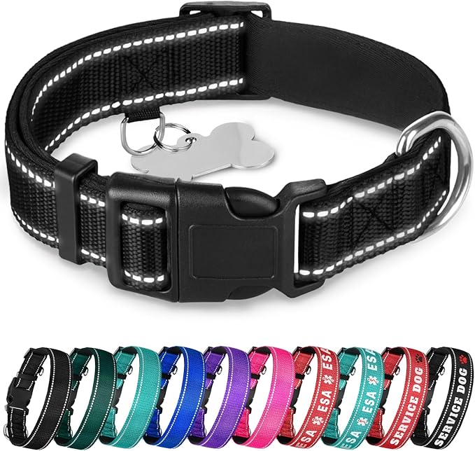 TECEUM Reflective Dog Collar – Black – XS – Extra Soft Padding – Basic Nylon Pet Collar – Quick Release Buckle – Fits Small, Medium and Large Dogs, Puppies, Cats – ESA & Service Dog Options