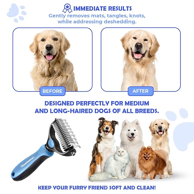 Undercoat Rake for Dogs & Cats, Dematting Comb with Extra Wide Double-Sided Stainless Steel Teeth for Detangling, Deshedding, Brushing, Thinning & Removing Shed Fur, Knots, Mats, and Tangles in Pets