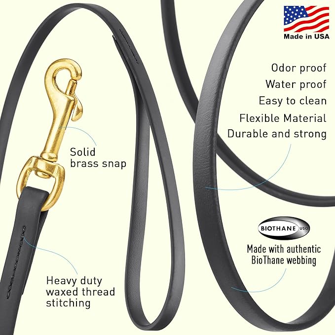 Viper Biothane K9 Working Dog Leash Waterproof Lead for Tracking Training Schutzhund Odor-Proof Long Line with Solid Brass Snap for Puppy Medium and Large Dogs, 15ft Black