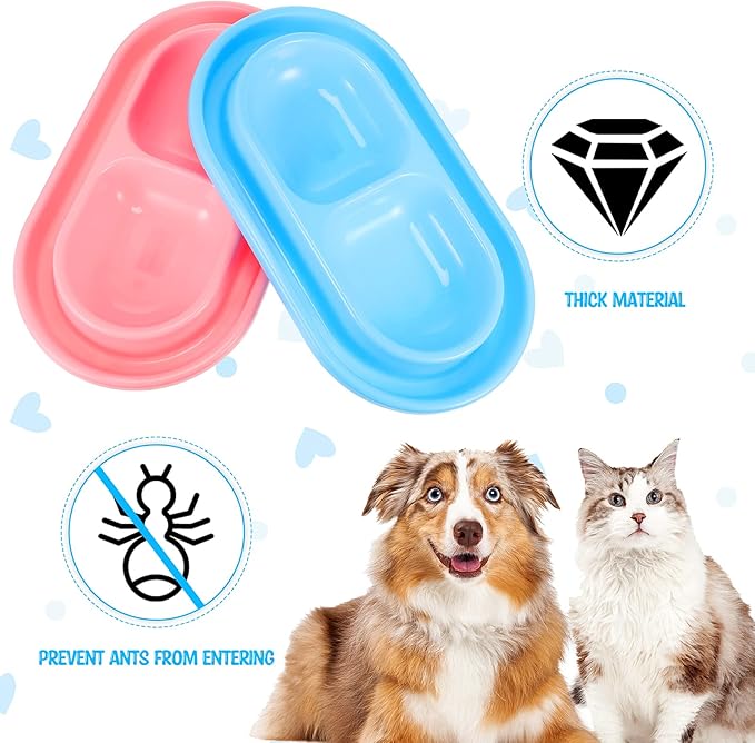 2 Pieces Cat Dog Food Bowl, 25 oz Plastic Double Pet Food Water Bowls Feeding Bowl Tray Cat No Spill for Dogs Pets Outdoor, Pink and Light Blue