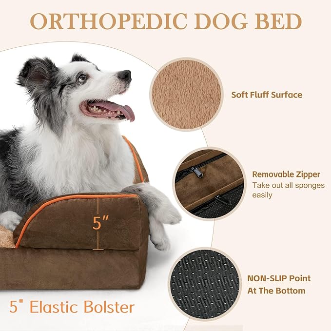 Comfort Expression Orthopedic Dog Bed for Extra Large Dogs 48x30 Inch, Waterproof Egg Crate Foam XXL Pet Bed with Removable Bolsters, Dog Couch with Washable Cover & Non-Slip Bottom, Brown