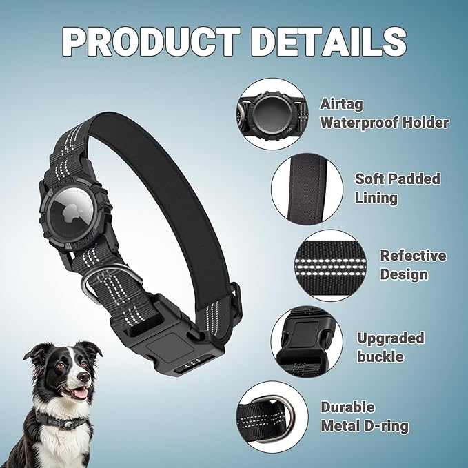 AirTag Dog Collar, IP68 Waterproof Integrated Air Tag Dog Collars with Reflective, Ultra-Durable, Comfortable Padded, Heavy Duty Dog Collars for Small Medium Large Dogs, M (12.6"-17.1"), Black
