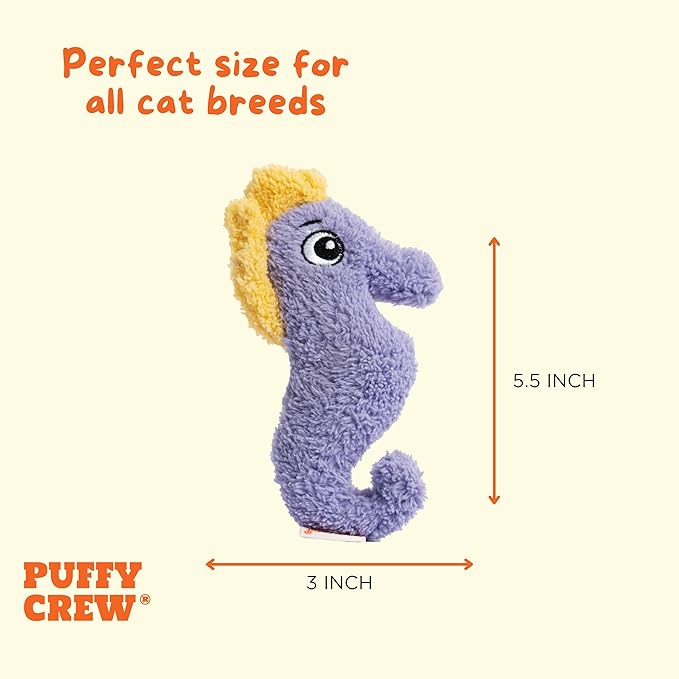 Puffy Crew Interactive Catnip Cat Plush Toy, Ocean Theme, 5'', for All Breed Size Cats (Seahorse)