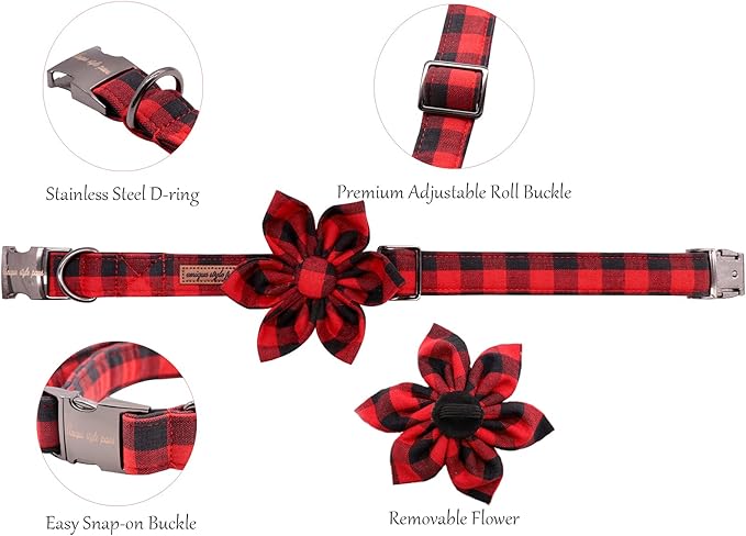 Uniqe Style Paws Christmas Grid Dog Collar, Female or Male Adjustable Puppy Collar with Flower, Durable Floral Pattern Pet for Medium Dogs