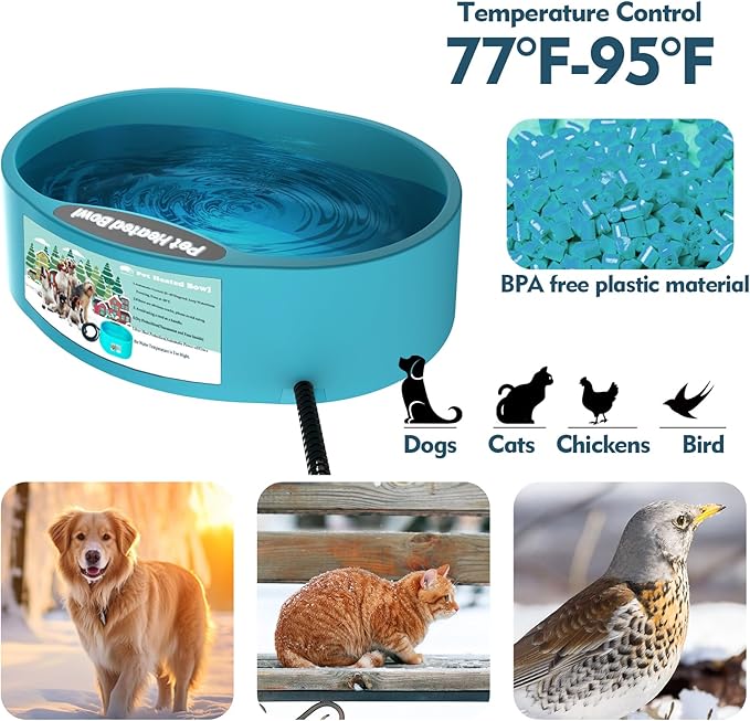 Heated Water Bowl for Dog & Cat, Outdoor Heated Dog Bowl Provides Drinkable Water & Food in Winter, Heated Pet Bowl for Outside, Smart Thermal-Dish for Rabbit, Chicken, Duck, Squirrel (96 OZ)