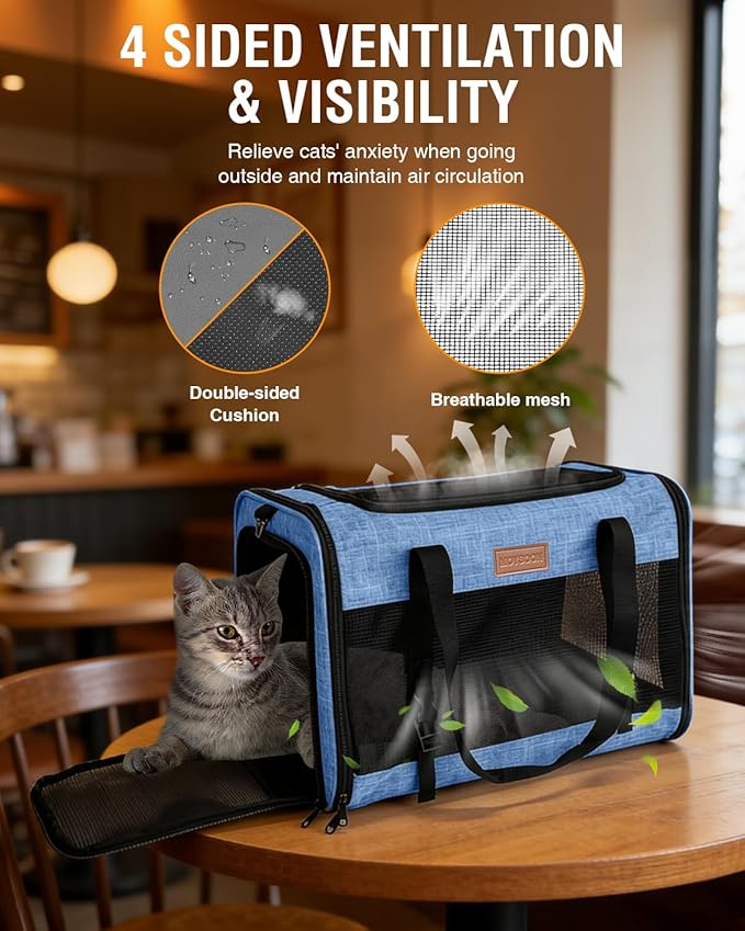 PETUX Large Cat Carrier for Cats ＆ Puppy Up to 20Lb - Top & Side Entry, 4 Side Breathable, Foldable Soft Sided Dog Carrier with Safety Car Seat Buckle & Anti-Scratch Mesh for Car, Travel ＆ Vet - Blue