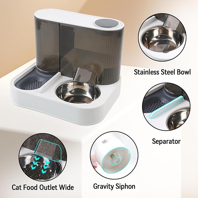 MUYG Automatic Gravity Cat Feeder with Stainless Steel Food Bowl, 2 in 1 Cat Feeder and Water Dispenser Combo Detachable Pet Water and Food Dispenser Set for Puppy Kitten Small Dog(Gray)