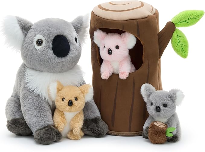 MaoGoLan 5pcs Koala Stuffed Animal, 11.8 Inch Large Mommy Stuffed Koala Plush with 3 Babies & Treehouse, Cute Realistic Stuffed Animals, Gift for Kids Boys Girls
