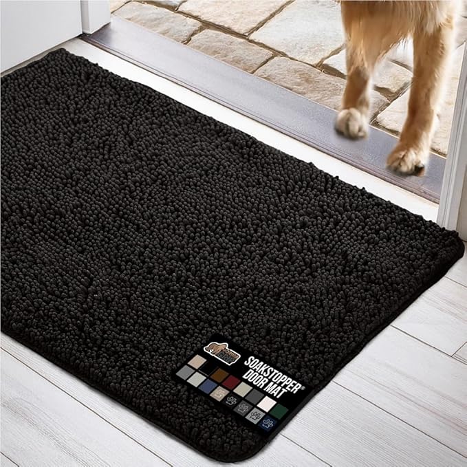 GORILLA GRIP SOAKSTOPPER Dog Door Mat, 48x30 Machine Washable Rug Absorbent Doormat Captures Moisture Mud Dirt, Quick Dry Soft Chenille Entryway Rugs Indoor Entrance Mats for Dog Paws, Black