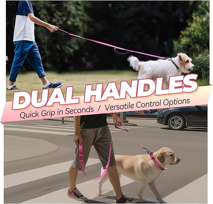 VIVAGLORY Dog Leash Lighthook Double Handle Dog Leash with Traffic Handle & Locking Carabiner for Walking & Training, Traffic Control Lightweight Carabiner for Puppy Pet, 6ft x 1in, Pink