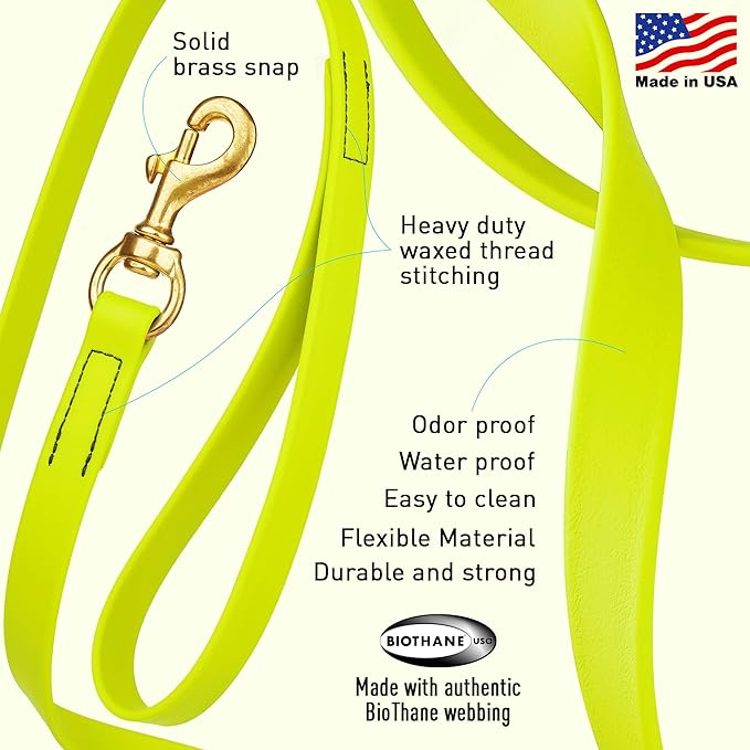 Viper Biothane K9 Working Dog Leash Waterproof Lead for Tracking Training Schutzhund Odor-Proof Long Line with Solid Brass Snap for Puppy Medium and Large Dogs, 20ft Safety Yellow