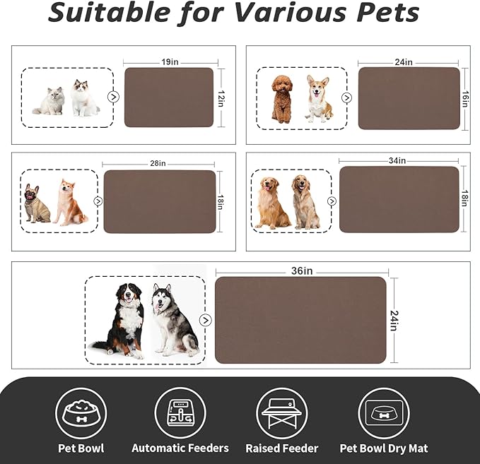 Dog Food Mat - Absorbent Cat Mat for Food and Water, No Stains Pet Feeding Bowl Mat, Easy to Clean Pet Placemats, Quick Dry Dog Water Dispenser Mat for Messy Drinkers | Brown 16"x 24"