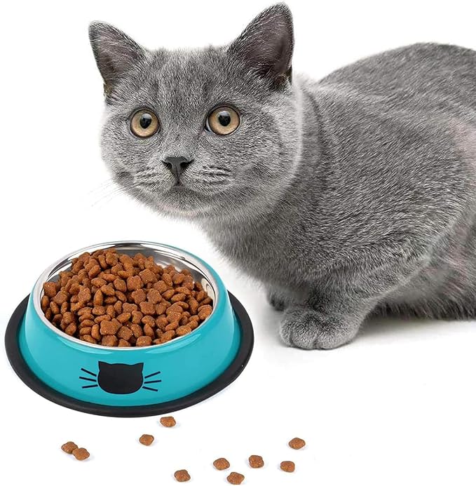 SUOXU Cat Bowls,Stainless Steel Cat Water Food Bowl,Puppy Feeding Bowl,Set of 3 Shallow Pet Bowl Rubber Base Non Slip Small Dogs Feeder Bowls