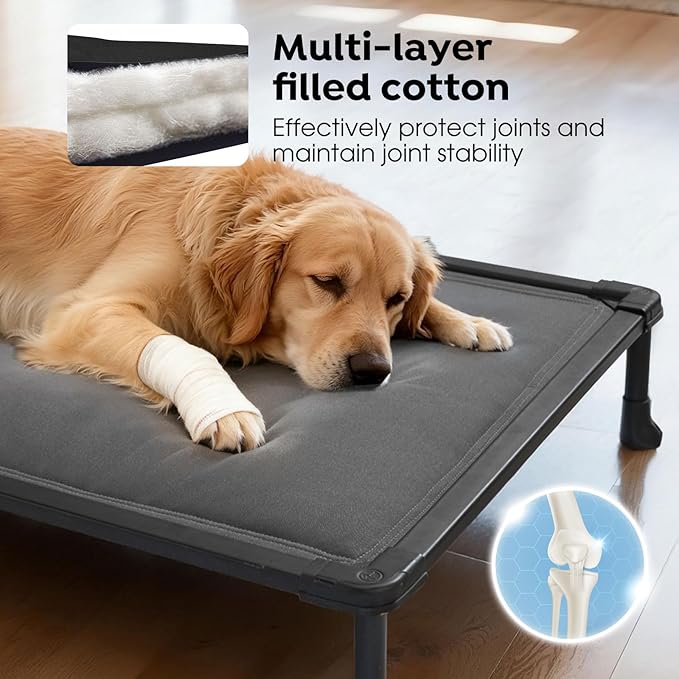 Veehoo Chewproof Elevated Dog Bed, Durable Raised Pet Cot with Soft PP Cotton-Filled Waterproof Mat, Washable Padded Cot for Indoor, Outdoor & Camping, 41-Inch, Grey