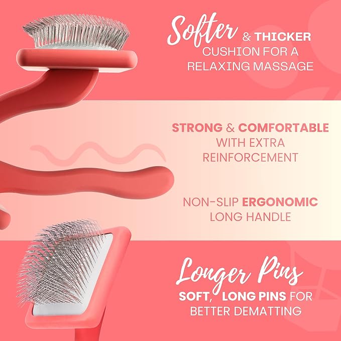 Pet Slicker Brush With Soft Massage Grooming Stainless Steel Pins - For Dematting, Shedding Fur, and Undercoat - Ideal Gift for Professional Pet Groomers - Long Slicker Brush (Coral, Curved Large)