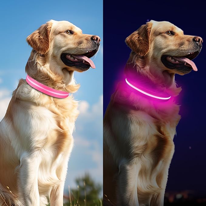 Jewyow Light Up Dog Collar, Adjustable USB Rechargeable Glow in Dark Dog Collar ，Waterproof Dog Collars for Medium Dogs (Pink, Medium)