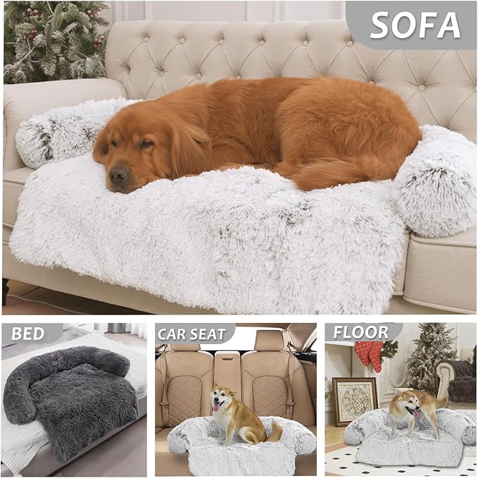 Calming Dogs/Cats Bed Mats, Dog Pad Washable Removable Couch Cover, Plush Long Fur Mat for Pets, Waterproof Lining, Perfect for Small, Medium and Large Dogs and Cats (Gradient Gray, 34"x30")