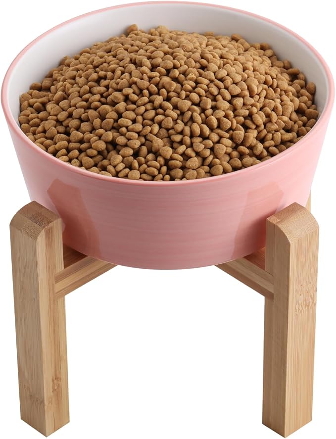 Pink Elevated/Raised Dog Bowl Ceramic with Wood Stand for Medium Large Breed,Dog Food Water Dish Heavy Weighted,8 in Non Slip Modern Cute Porcelain Pet Bowl Extra Large Wide Mouth