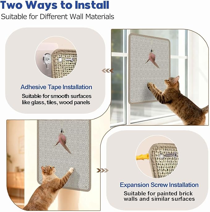 Cat Nail File Scratcher - Natural Sisal Scratch Mat with 80-Grit Aluminum Oxide, Adhesive Sheets & Expansion Screws for Secure Wall/Floor Mounting, Ideal for Trimming Cat Claws 11.12"x14.81"