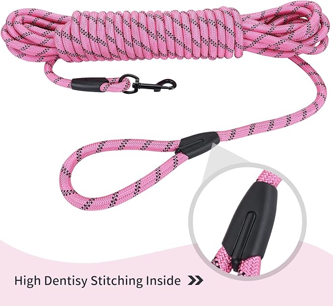 Long Dog Leash for Training 20Ft-Reflective Nylon Rope with Swivel Hook-Recall Agility Lead for Large Small Medium Dogs Outside Walking Hiking-Pink Diam 1/2"
