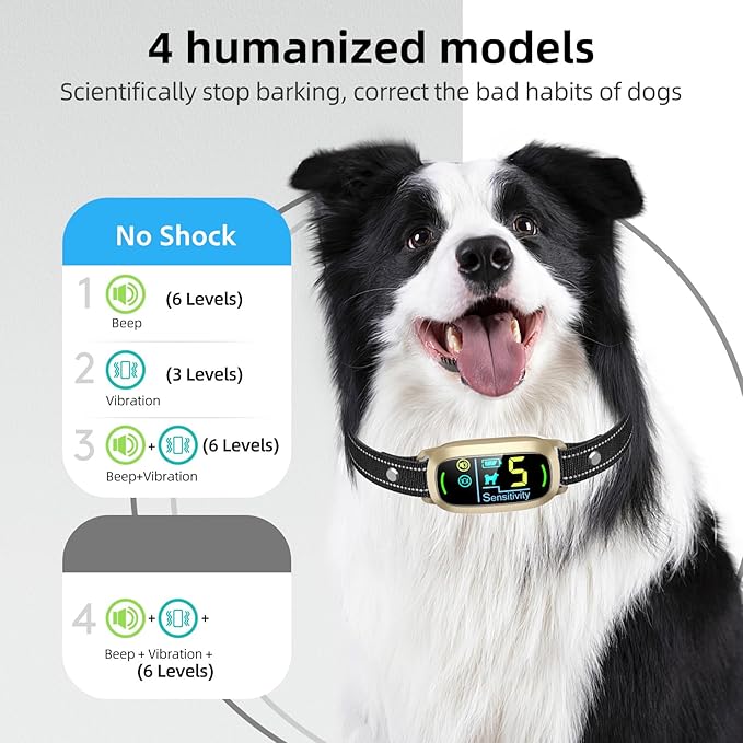 Dog Bark Collar for Large Medium Small Dogs, Rechargeable Smart Bark Collar, Anti Barking Training Collar with 5 Adjustable Sensitivity Beep Vibration (Gold)