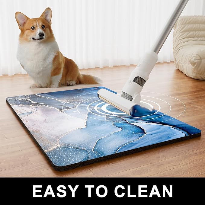 Dog Food Mat, 12" x 19" Marble Absorbent Dog Cat Bowl Mat for Food and Water, Cute Anti-Slip Rubber Pet Feeding Rug Protect Floors, Placemat for Feeding & Watering Supplies, Navy