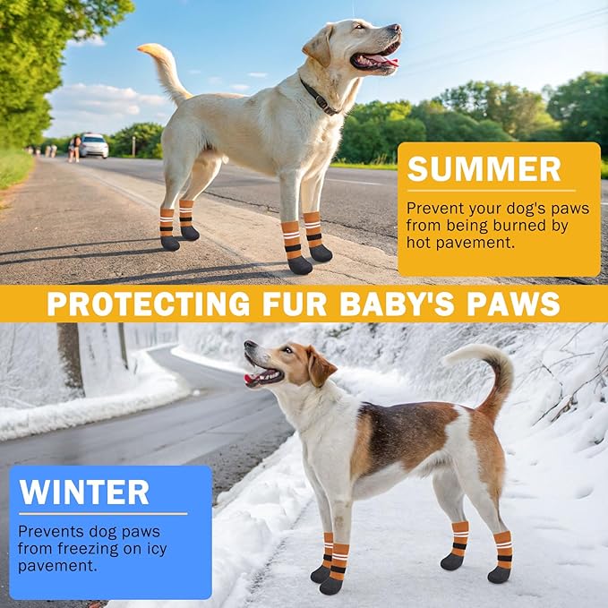 SCENEREAL Anti Slip Dog Boots & Paw Protectors for Hardwood Floor, Extended Dog Socks to Prevent Licking Paws, Waterproof Pet Snow Rain Shoe for Winter Large Senior Dogs, Khaki XL