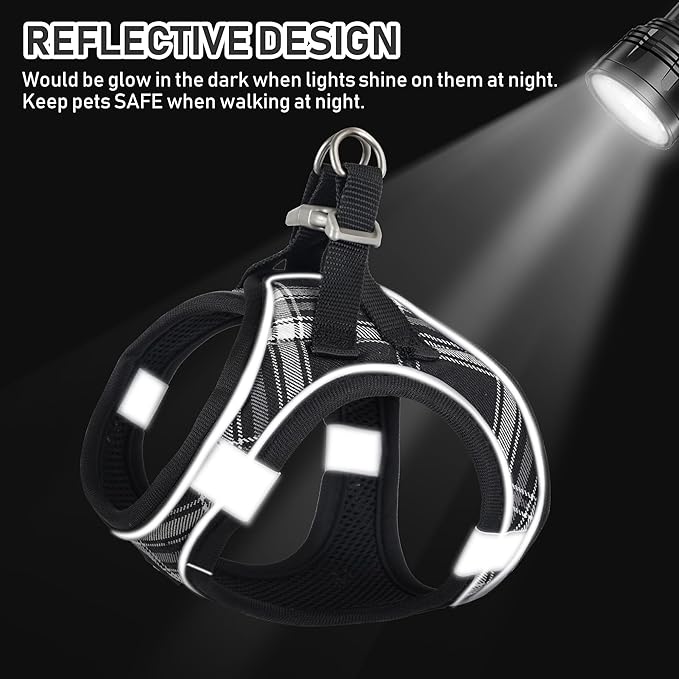 GAMUDA Small Dog Harness Collar and Leash Set, Step in No Chock No Pull Soft Mesh Adjustable Dog Vest Harnesses Plaid Reflective for Dogs Puppy Cats Kitten Rabbit (Black, S)