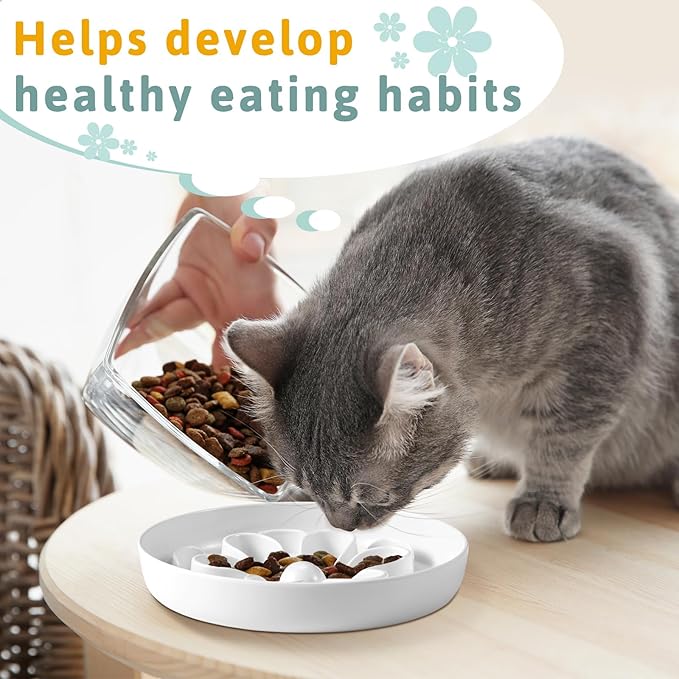 2 Pcs Cat Slow Feeder Bowl Cute Cat Food Bowl with Bloom Design Healthy Eating Diet Interactive Feeder Wet Dish for Pets Small Dogs(White, Green)