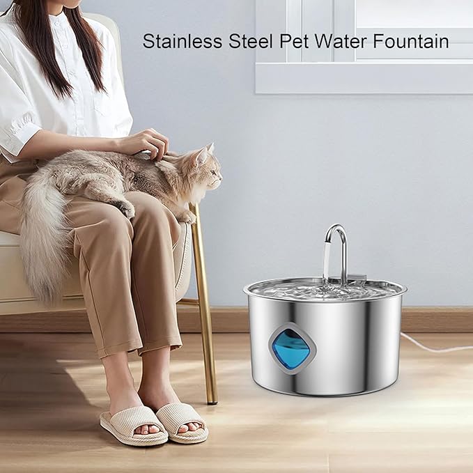 Naroote Cat Water Fountain Stainless Steel Quiet USB 3.2L Automatic Pet Drinking Fountain Water Level Window Encourages Continuous Drinking for Cats Dogs Pets Small Animals
