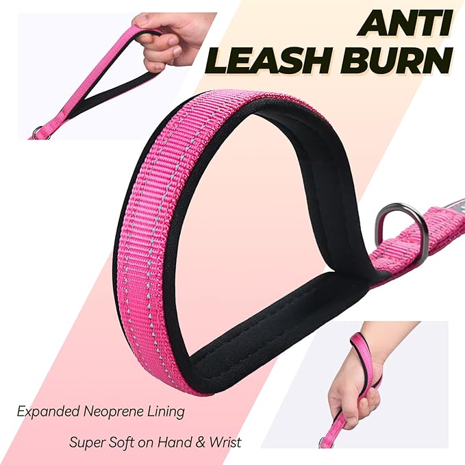 VIVAGLORY Twingrip Dog Leash, Double Handle Dog Leash for Training & Walking with Traffic Handle & 2 Loop, Traffic Control Reflective Heavy Duty for Puppy Pet, 4ft x 1/2in, Pink
