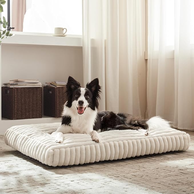 XL Dog Bed, Flat Pet Beds with Removable Washable Cover, Pet Mat Cute Dog Crate Bed Thick Shredded Chopped Crate Foam & Anti Slip Bottom for Indoor, 42"x27"x4" Cream