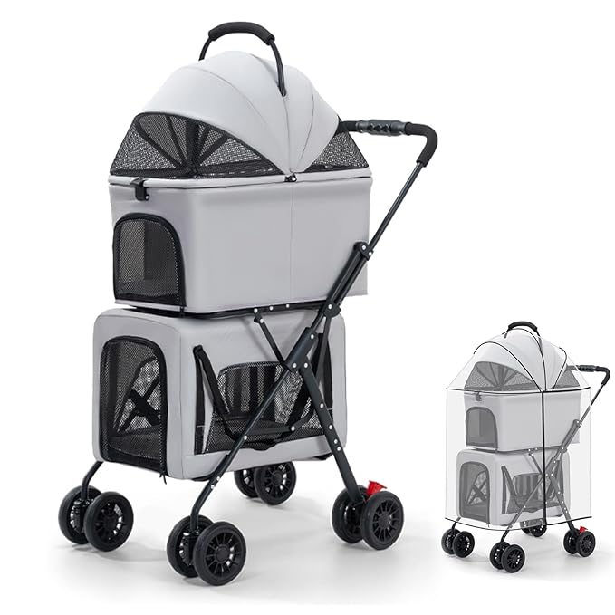 Pet Stroller Double Deck 4 Wheels Withe Rain Cover - Easy-Fold Dog Cat Stroller for Small Medium Dog Cats Carrier, Travel Folding Carrier Breathable and Visible Mesh with Cup Holder（Gray）