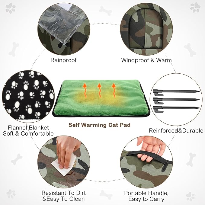 3 Pcs 21"x 18" Outdoor Waterproof Cat House with Curtained Door Self Warming Pad Blanket Large Feral Cat Shelter Winter Camo Collapsible Kitty Dog Bed Outside, 3 Tent Stakes, Easy Assemble