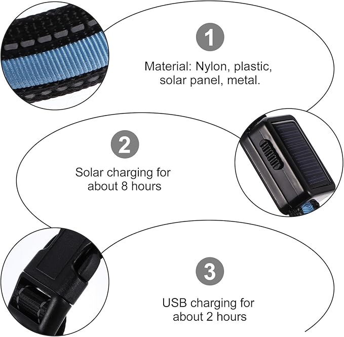 TOBBOMEY LED USB Rechargeable Dog Collar, Blue Small Glowing Pet Collar with Solar-Powered Flashing Light for Night Walking and Outdoor Safety