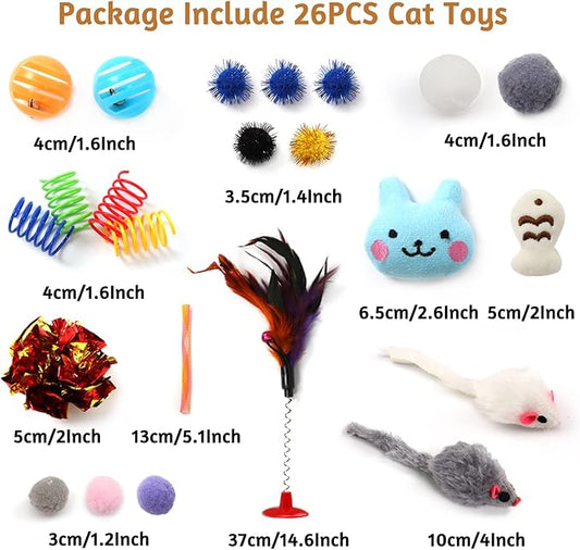 PietyPet Kitten Toys Cat Toys Assortments, 26 Packs Cat Toys Variety Pack for Kitty, Cat Wand Toy, Cat Feather Toys, Cat Balls with Bells, Cat Mouse Toy, Catnip Toys for Indoor Cats