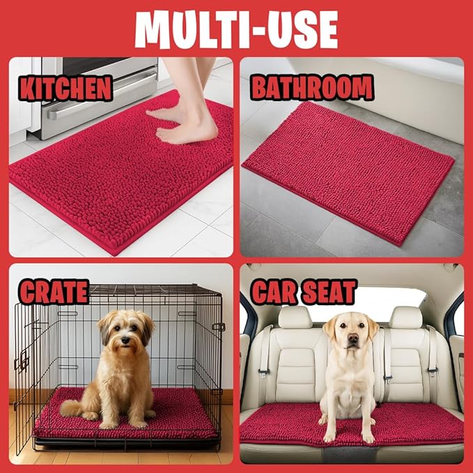MudGuard Mat™ Dog Door Mat for Muddy Paws, Super Absorbent Microfiber, Non-Slip Indoor Mat, Quick Dry Chenille Mud Mat for Dogs & Entryway, Washable, Red 19" x 30"