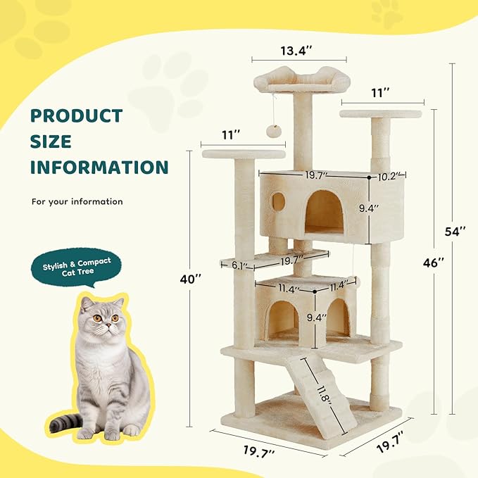 Cat Tree 54 Inch, Multi-Level Cat Tower with Condo, Perches, Sisal Scratching Posts and Climbing Ladder, Pet Play Toy Balls House for Indoor Cats