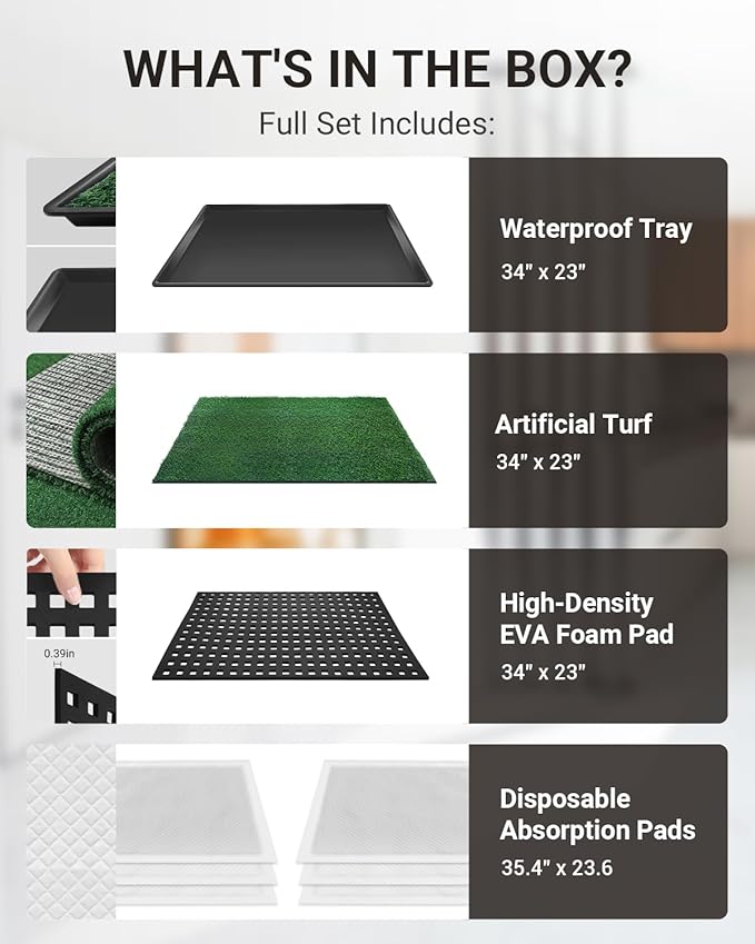 Dog Grass Mat with Tray, 34"x23" Artificial Grass Pee Pads for Dogs Turf Toilet, Reusable Potty Pads for Dogs with 6 Disposable Urine Mats, Indoor/Outdoor Toilet Training EVA Waterproof Base XL
