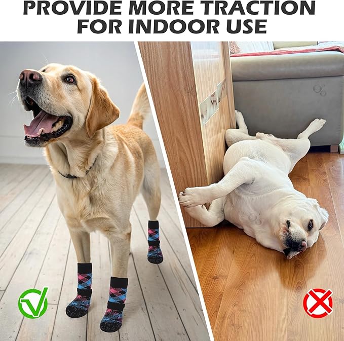 EXPAWLORER Dog Socks for Cold Winter Snow to Prevent Licking Paws, Anti Slip Doggie Booties Grippy Shoes for Hardwood Floors, Boots & Paw Protectors for Small Medium Large Senior Dogs Pink Blue XL