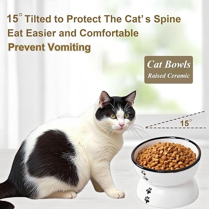 Anti-Rollover Elevated Ceramic Cat Bowls with A Sitting Puppy Pattern for Holding Food and Water, Black Border, Suitable for Small Dogs and Pets