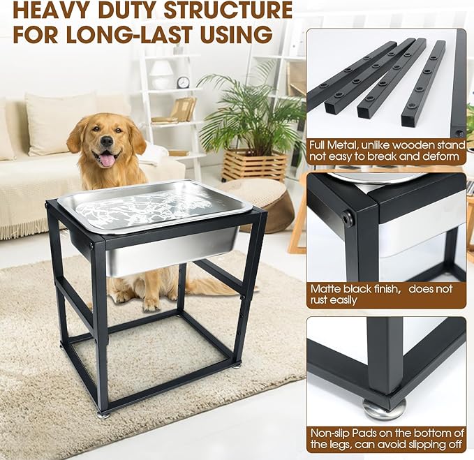 Elevated Dog Water Bowl 3 Gallons, 4 Height Adjustable Raised Dog Bowl Stand, Non-Slip, Stainless Steel Food & Water Feeding Bowls for Large Breed