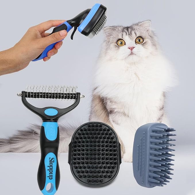 Dog Brush Kit for Grooming Short & Long Haired Dogs & Cats, 4-in-1 Pet Grooming Set with Self-Cleaning Slicker Brush, Deshedding Tool, Shampoo Bath Comb, Massge Comb (Blue Black)