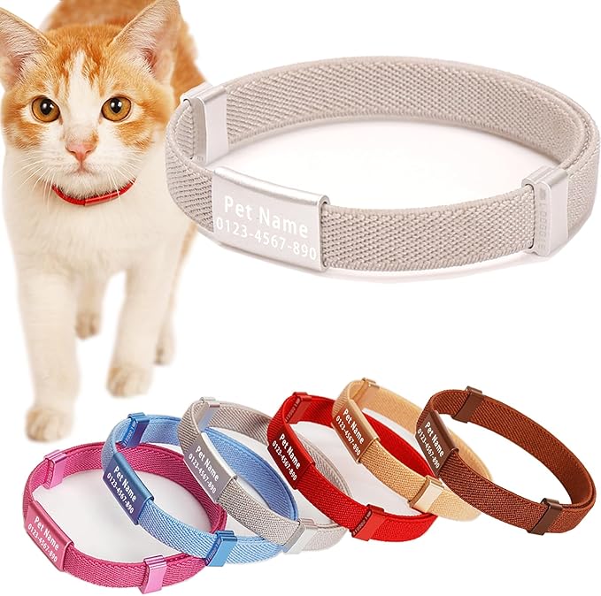 Minimalist Stretch Lightweight Custom Engraved Cat Collar with Name Tag Personalized Cat Collars for Kitten Boy & Girl Cats (Silver White, Collar with Nameplate)