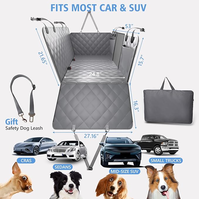 Back Seat Extender for Dogs, Hard Bottom Dog Car Seat Cover for Back Seat, Backseat Extender for Dogs Supports 420lbs, Waterproof Dog Hammock for Car, SUV, Truck Grey