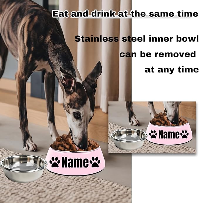 Personalized Stainless Steel Dog & Cat Food/Water Bowls – Custom Pet Name, Non-Slip, Easy Clean Feeding Dishes with Separate Plates(Pink)